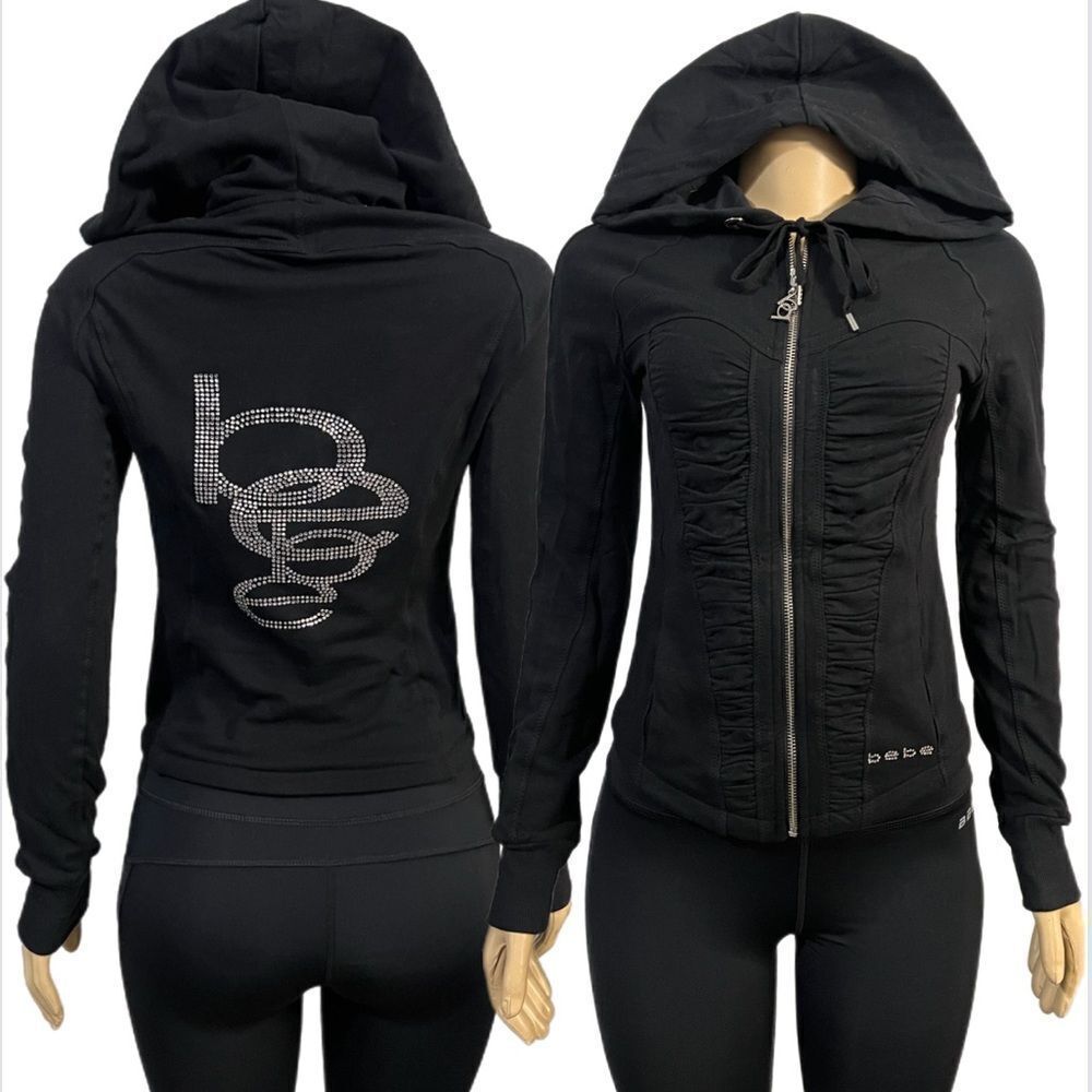 NWOT Bebe hoodie Rhinestone Logo long sleeve full zip closure Ruched black S